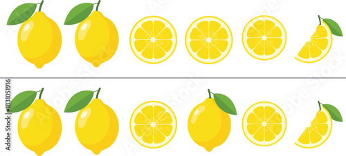 Lemon citrus fruit illustration set featuring whole lemons with green leaves, round slices, and wedges arranged in clean horizontal rows for food design use