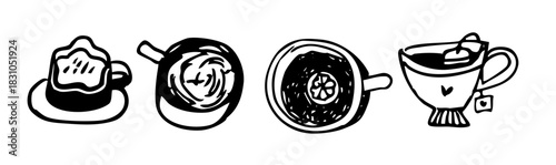 Hot Beverage Doodle Cup Collection. Coffee, Tea, and Lemon Drinkware Set. Outline Hand-Drawn Vector Illustration