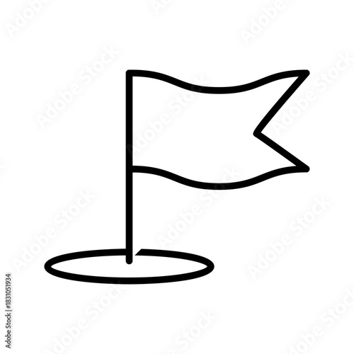 Goal Marker Icon – Flag on Target Point Minimal black outline icon of a flag placed on a circular point, representing a goal, checkpoint, target, achievement, or destination. Suitable for business goa