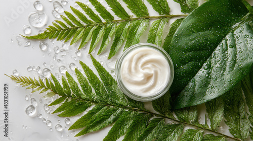 Top view of a white cosmetic cream in a jar on fresh green fern leaves with water droplets, concept of natural organic skincare and spa beauty products