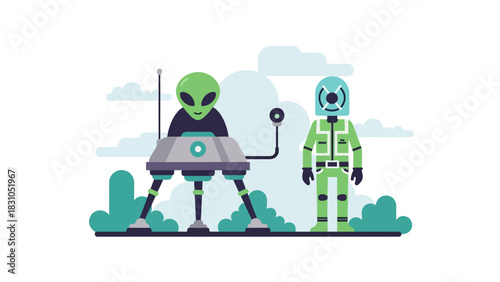Cartoon alien stands by spaceship next to astronaut in green suit