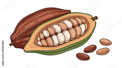Cacao pod cut open revealing beans and scattered beans