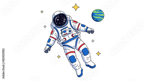 Cartoon astronaut floating with a planet and stars