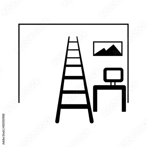 Room Setup Icon – Ladder in Workspace Black silhouette icon of an indoor workspace showing a ladder, desk, and wall frame. Represents interior setup, room preparation, renovation, office arrangement, 