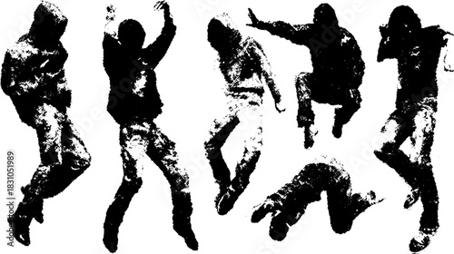 Dynamic line drawing of human figures in various poses, including jumping and action. Vintage silhouette style illustration in black and white vector.