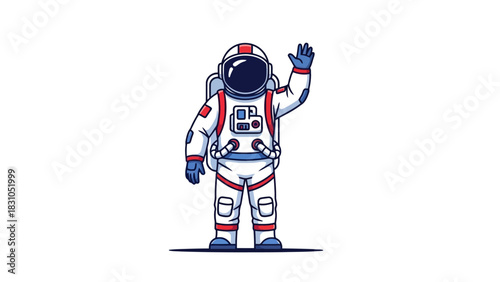 Cartoon astronaut in a white and red suit waves with right hand