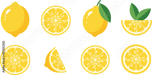 Lemon citrus fruit illustration set featuring whole lemons, sliced rounds, halves, wedges, and leaves for fresh food, beverage, and ingredient designs