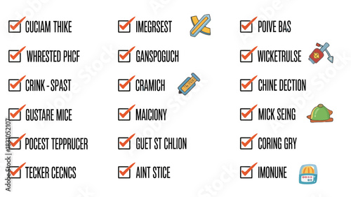 Checklist with fictional words and random icons