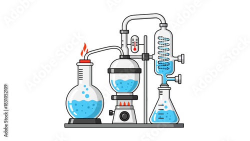 Chemical distillation apparatus with flasks and thermometer