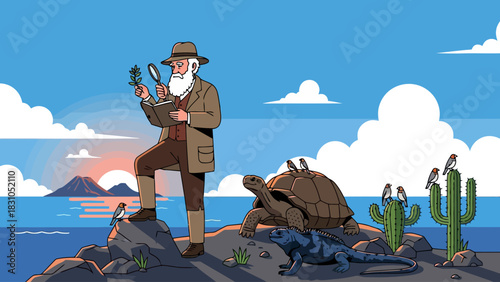 Charles Darwin examines a plant with a magnifying glass surrounded by Galapagos wildlife