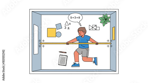 Child balancing on a beam with math symbols floating