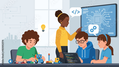 Children learn coding and robotics with teacher