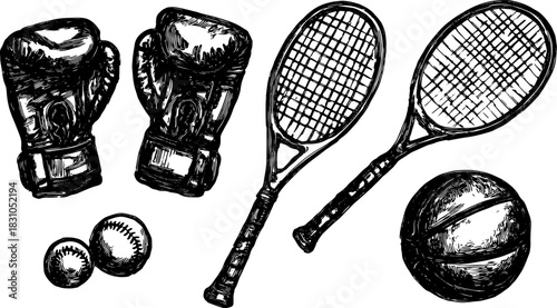 Boxing gloves and tennis rackets in a hand-drawn style. Sport equipment set includes a basketball and baseball, illustrated in a vector format.