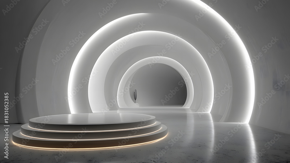 Fototapeta premium Sleek, futuristic architectural space with a glowing circular tiered podium in front of concentric arched tunnels.