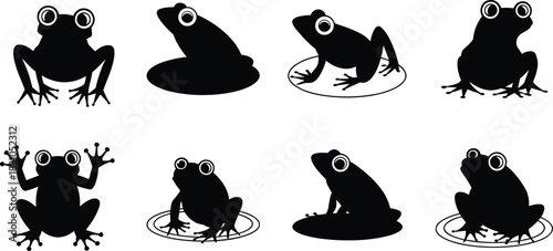 Black frog silhouettes collection, vector toad icons set, cute amphibian sitting poses, isolated illustration for nature design on white.