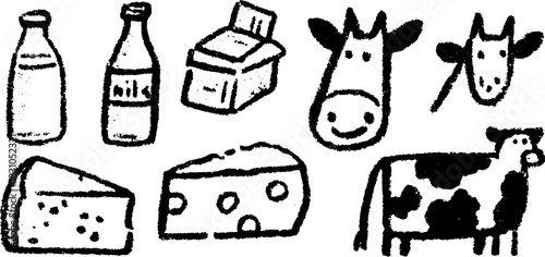 Dairy products illustrated in a simple black-and-white style, featuring a cow, milk bottles, and cheese in a vector set of illustrations.