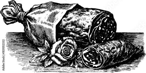 Antique engravings of a meat package and a rose. Hand-drawn vector illustration featuring a decorative food element set.