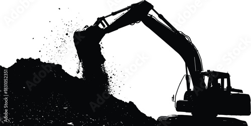 Excavator silhouette digging soil, heavy construction machinery dumping earth, black hydraulic digger vector illustration, industrial site background.