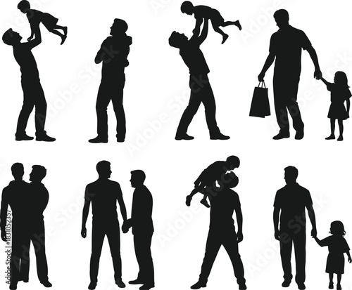 Father and child silhouettes set, dad lifting son, walking with daughter, happy family vector collection isolated on white background.