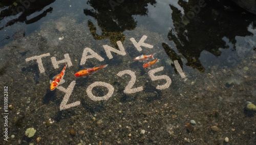 Thank You 2025 Message in Water with Koi Fish.