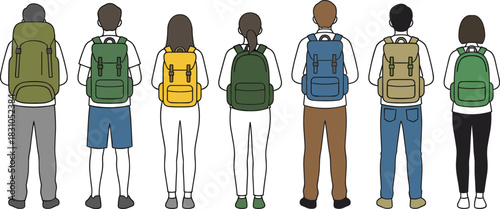 Group of people standing with backpacks, back view of hikers and students, flat vector illustration isolated on white background.