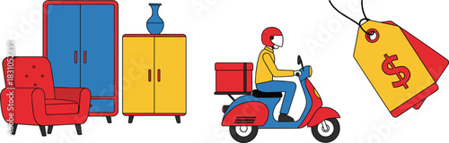 Modern furniture home delivery service illustration with scooter courier, wardrobe, cabinet, armchair, and discount price tag concept
