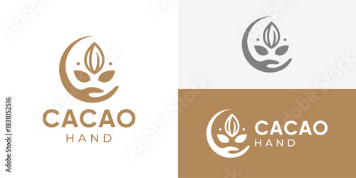 Creative simple cacao hand logo template. Hand and cocoa leaves symbol, Cocoa care logo design vector illustration.