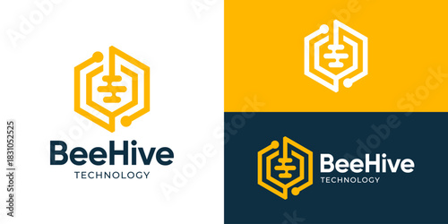 Creative modern bee hive logo template. Honey bee with hexagonal shape Honey comb technology symbol logo design vector illustration.