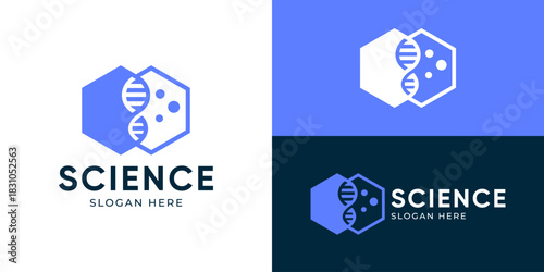 Creative simple science logo template. Abstract DNA with hexagonal shape, helix logo design vector illustration.