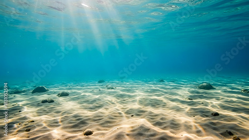 Fototapeta Naklejka Na Ścianę i Meble -  Underwater view of sandy seabed with sun rays filtering through clear blue ocean water