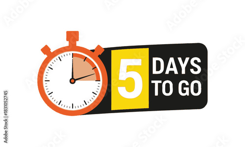 Minimalist countdown illustration featuring a stopwatch and "5 days to go" banner in bright orange, yellow, black, and white colors