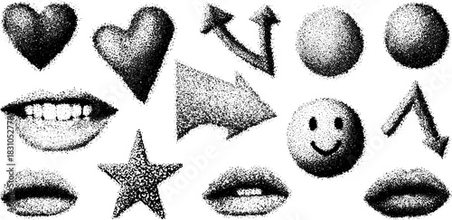 Various symbols including a heart, smile, and arrow. Black and white vector illustration featuring simple shapes in a cohesive set.