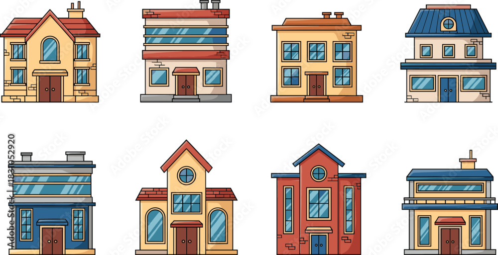 Naklejka premium Residential house and small building illustration set featuring colorful homes, townhouses, apartments, and neighborhood architecture in clean flat vector style