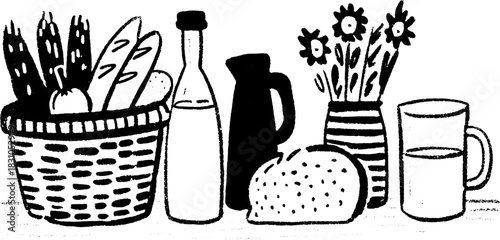 Basket filled with fresh vegetables and bread for hydration. Simple black and white vector illustration set.