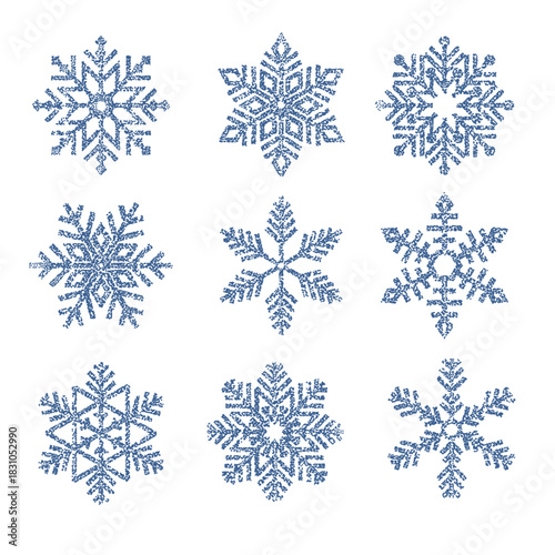 Trendy vintage stipple dots snowflakes set. Cute dotted snow ice shapes collection. Fading gradient Christmas or New Year Holiday symbols. Monochrome shaper made of dots. Isolated vector