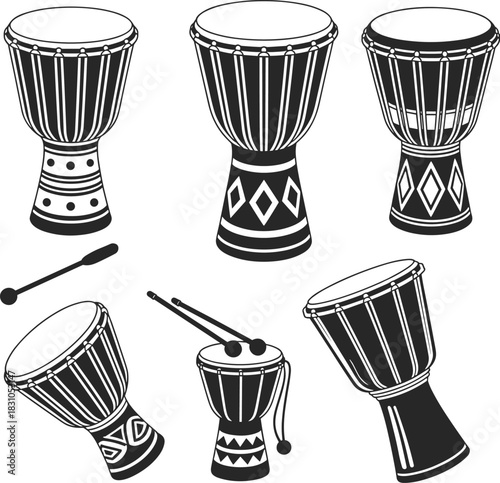 African djembe drum illustration set, traditional percussion instrument graphics, hand drum collection with sticks, ethnic music artwork, cultural rhythm design