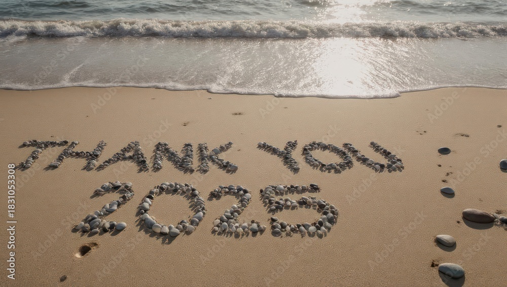 Fototapeta premium Thank You 2025 Message on Sandy Beach with Ocean Waves.