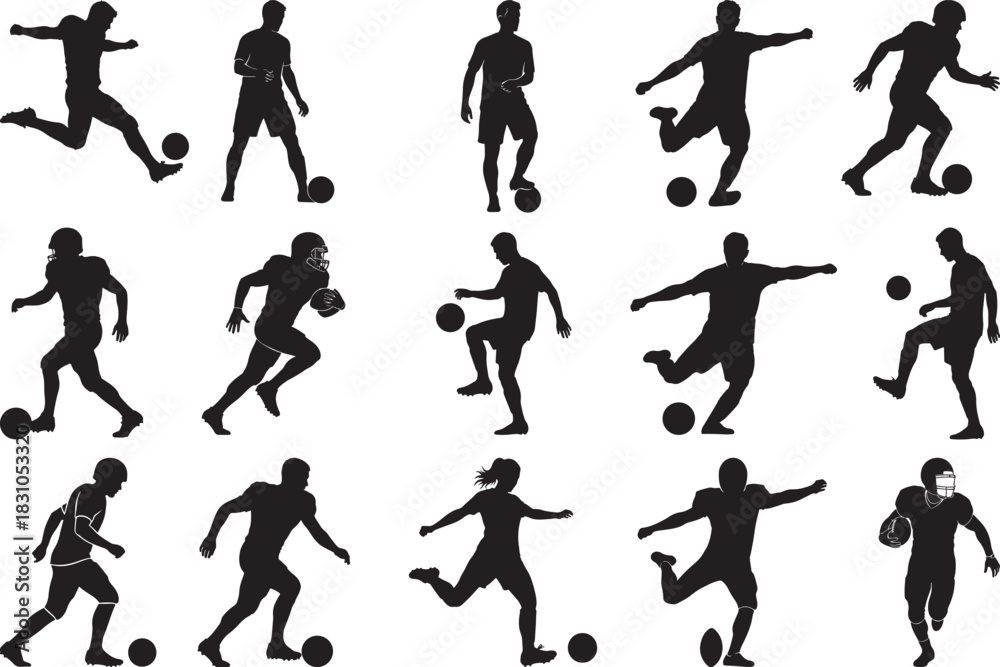 Fototapeta premium Soccer players silhouettes collection in various poses and actions