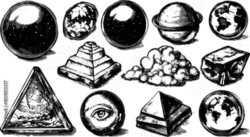 Geometric shapes including spheres, pyramids, and cubes with textures. Vector illustration set of cosmic objects and elements.