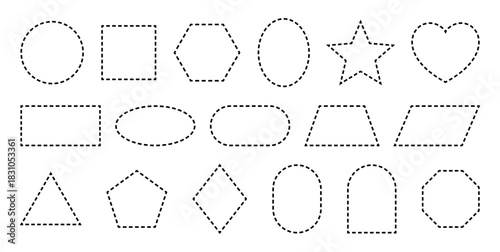 Dashed line borders and dotted frames collection. Square, circle, rectangle outlines with cut marks. Geometric coupon shapes and decorative box elements for design projects.