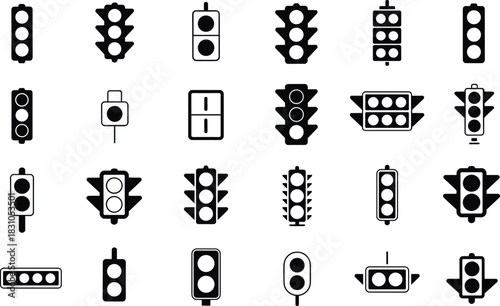 Traffic light silhouettes icons set, stop signal, street semaphore symbols, road regulation signs, vertical horizontal signal lamps, urban transport vector design, isolated white background