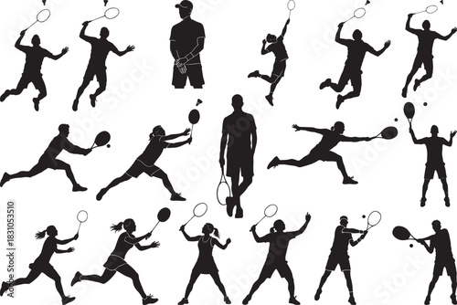 Tennis player silhouettes in various poses vector illustration