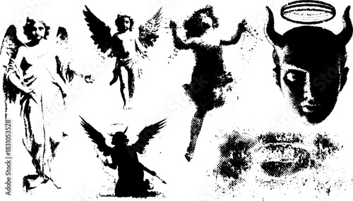 Silhouettes of angels and devils in a vector illustration. A set of black and white figures showcasing religious and mythological themes.