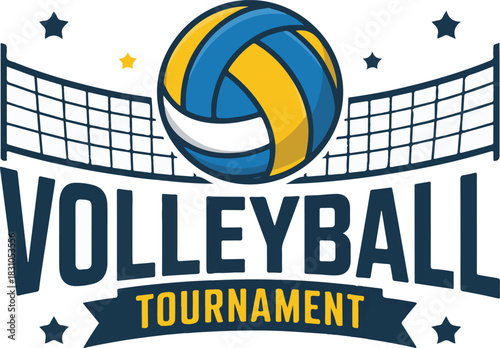 Volleyball Tournament Banner Featuring Ball and Net with Typography for Sport Events 130 Characters