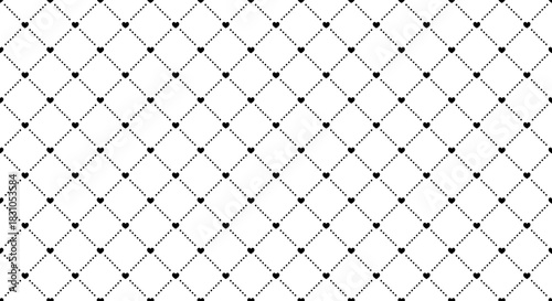 Rhombus lattice seamless pattern. Geometric quilt texture with diamonds. Square checkered repeating diagonal ornament with dots and hearts.