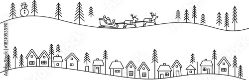 Christmas, winter, snowman, Santa, sleigh, reindeer, village, pine, tree, holiday, festive, graphic, silhouette, vector, scene, Santa sleigh, snowman icon, winter village, festive scene