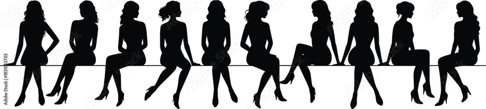 Fototapeta premium Women, silhouettes, sitting, line, bench, group, friends, fashion, models, outlines, vector, illustration, stylish, confident, feminine, lifestyle, minimal, art, design, set