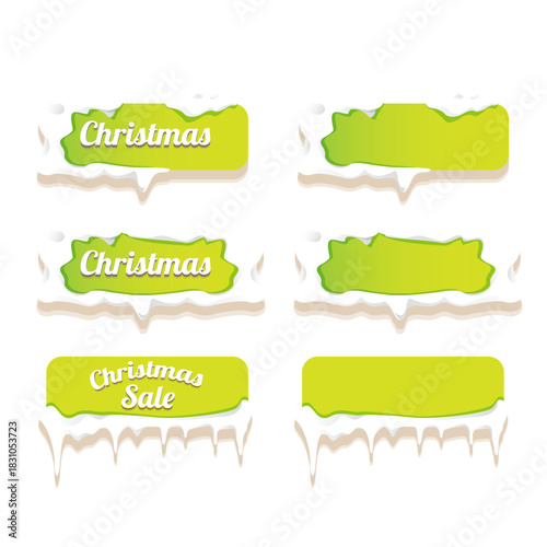 Christmas vector green glossy buttons set isolated on white background. Web green christmas sale buttons with snow, snow flakes, ice border. Winter button collection