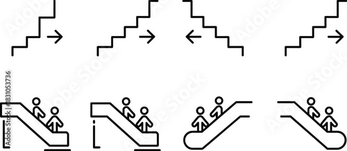 Stairs and escalator navigation icons, direction arrows, people climbing steps silhouettes, public guidance symbols, wayfinding infographic vector set isolated on white, architecture,
