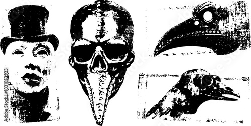 Vintage engraving silhouette set featuring skull, mask, and bird. Black and white vector illustration for retro design use.